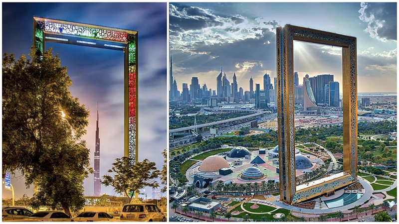 نمای Dubai Frame با چشم‌انداز دبی، مسیر شیشه‌ای نورانی و گردشگران در حال بازدید