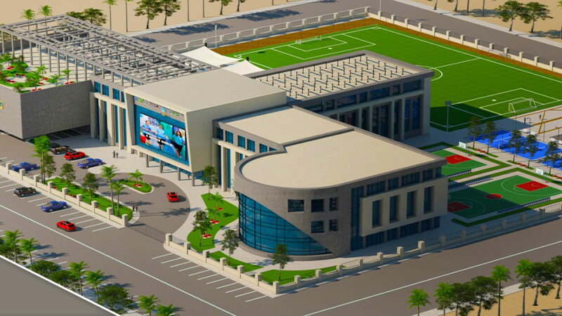 نمایی از مدرسه جدید بین‌المللی در شهر ورزشی دبی با طراحی مدرن و امکانات آموزشی پیشرفته