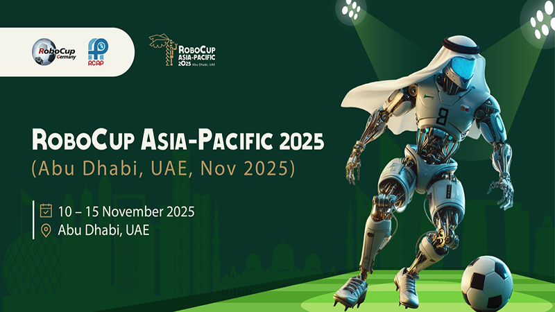 پوستر رسمی رقابت جهانی RoboCup 2025 در ابوظبی، شامل تاریخ، مکان، و محورهای علمی و فناورانه